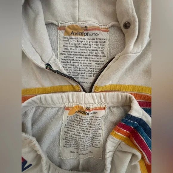 Aviator Nation Unisex Vintage White Rainbow Stripe Zip Hoodie (S) & Sweats (XS) - Picture 3 of 13